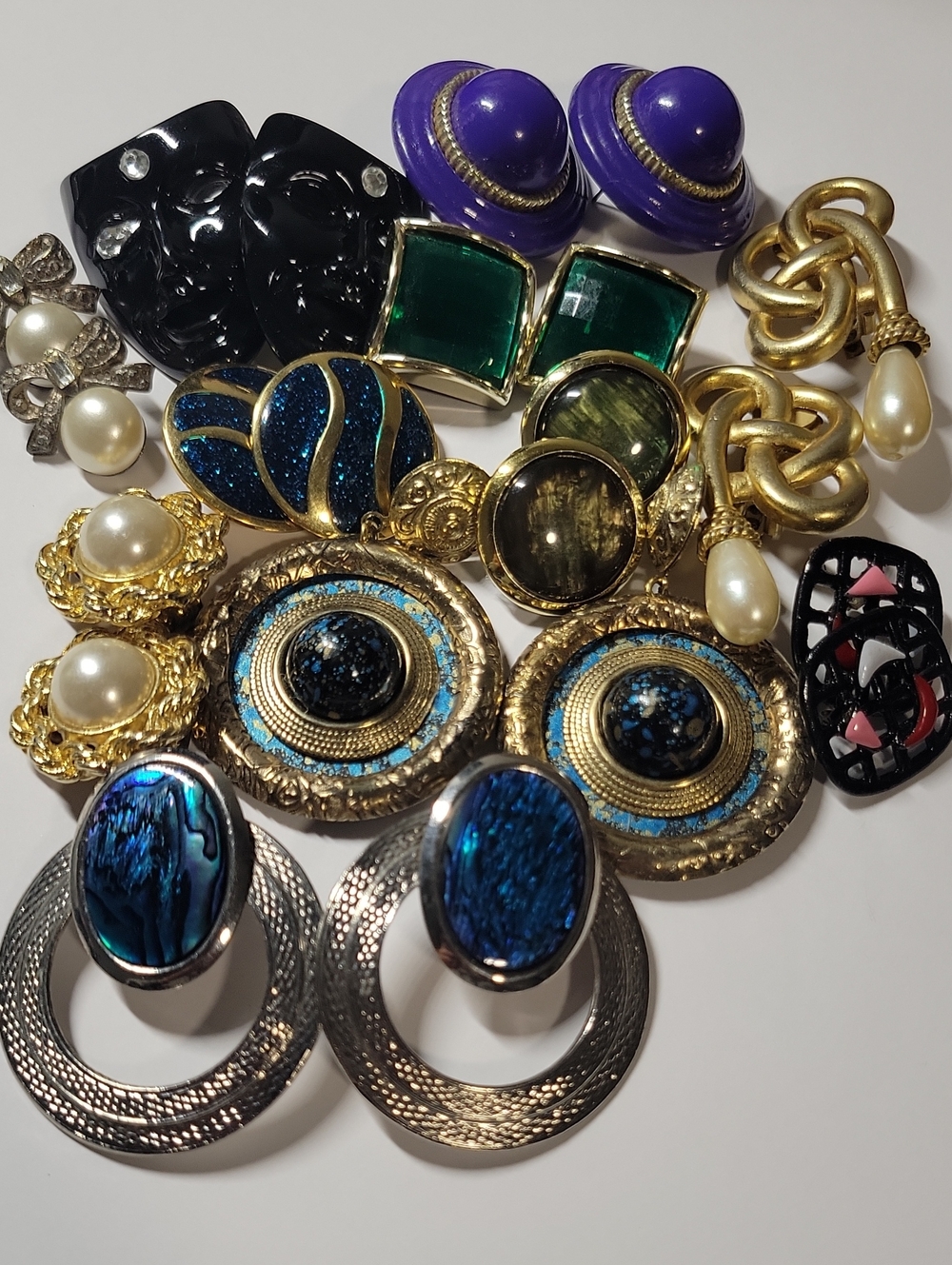 Vintage Assorted Women's Statement Earrings in Blue, Purple, Black, Green,